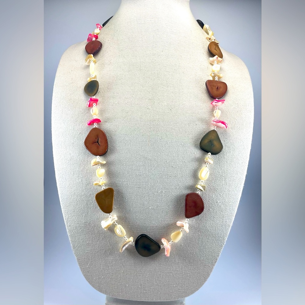 Beautiful Unsigned Tagua Nut Mother of Pearl Long Strand Boho Statement Necklace